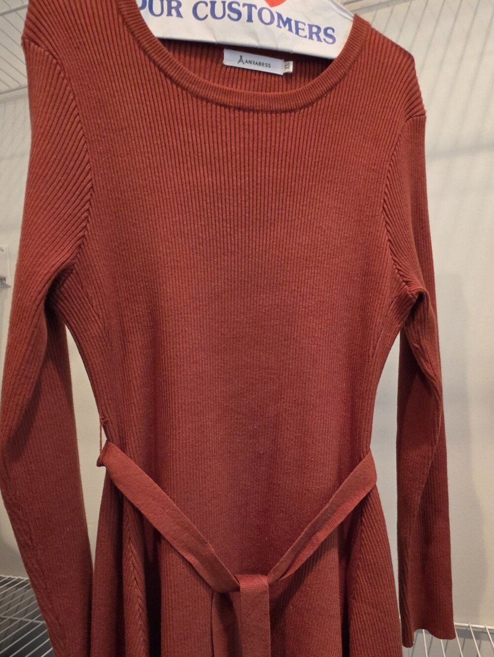 Annarose Rust Long-Sleeve Ribbed Belted Dress